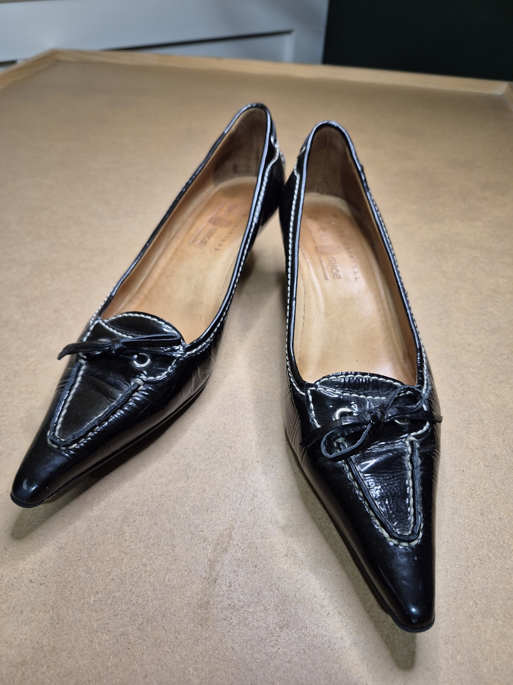 The Original Car Shoe Black Patent Pointed-Toe Kitten Heels with Bow - Picture 10 of 11
